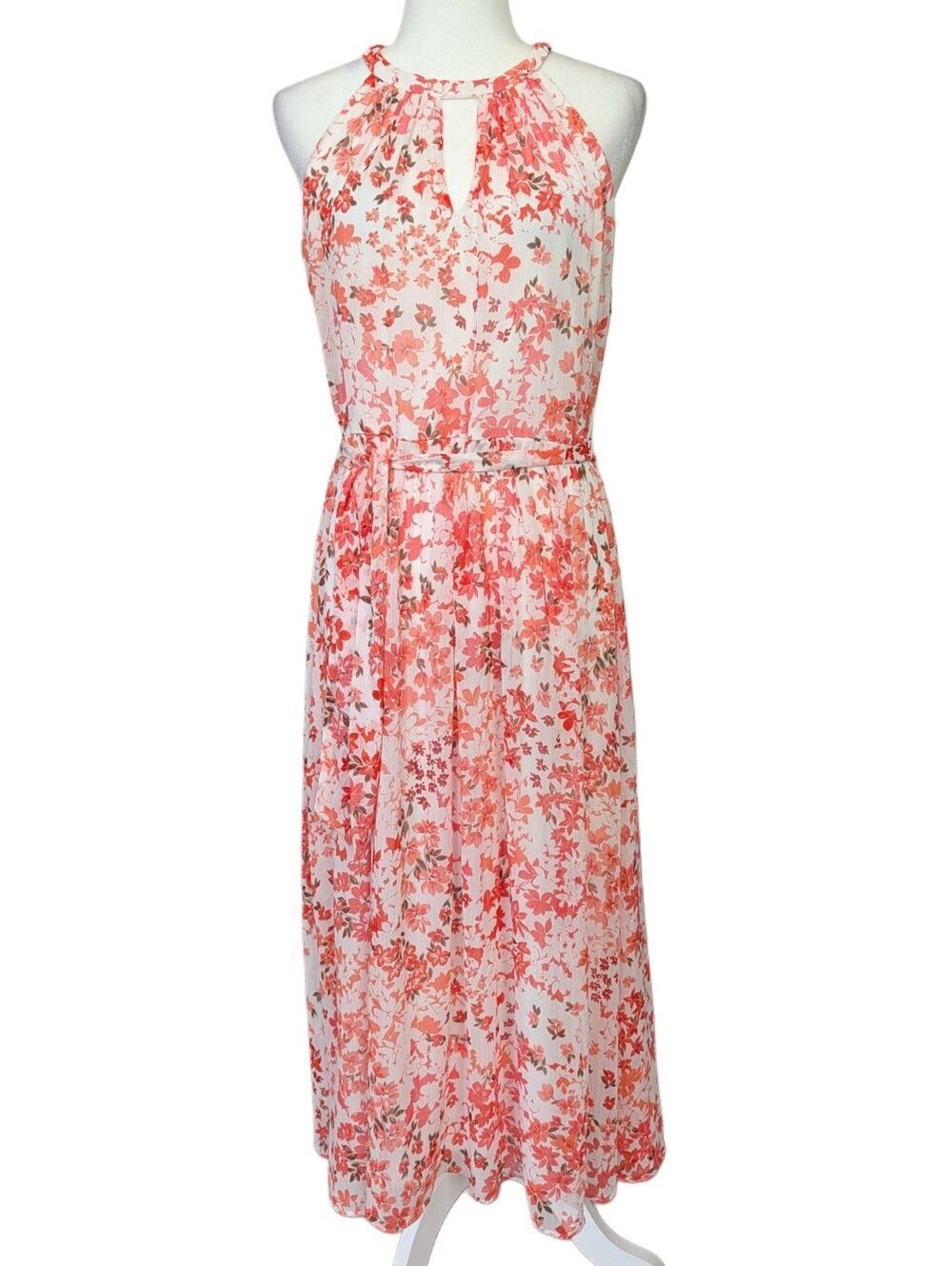 DKNY Womens Coral Orange White Floral Tie Waist Halter Wedding Maxi Dress Size 6